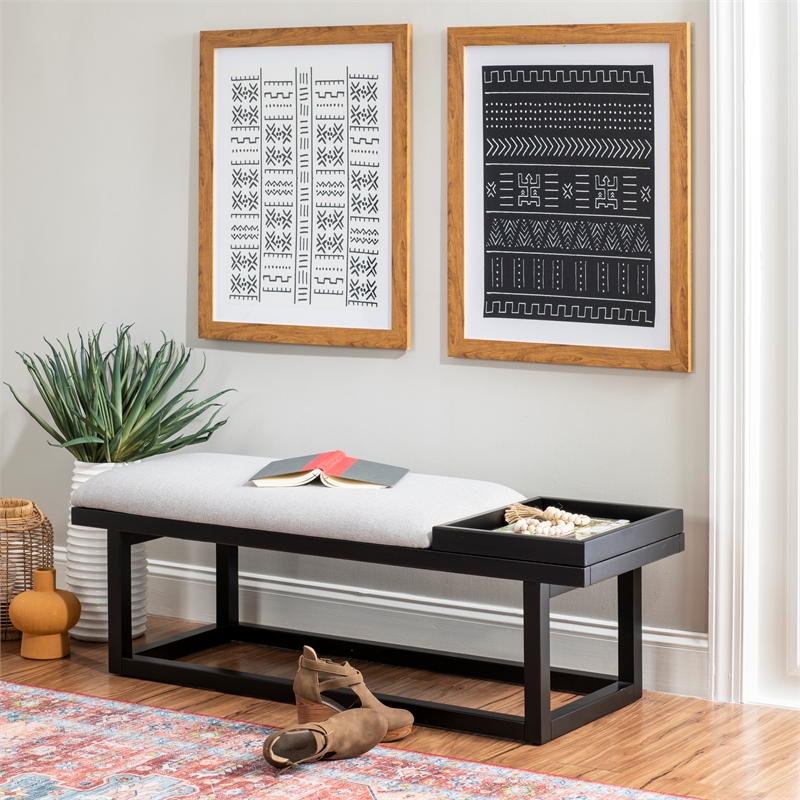 Georgia Gray Upholstered Bench with Removable Tray in Black Wood