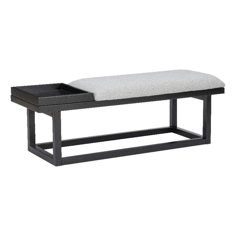 Georgia Gray Upholstered Bench with Removable Tray in Black Wood