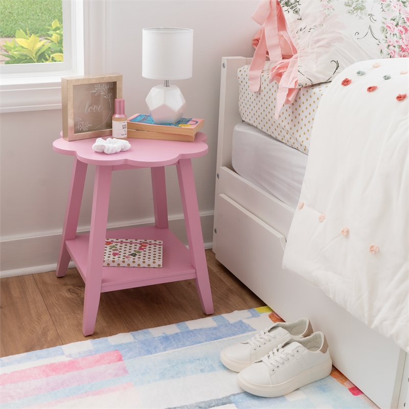 Natalia Flower Scalloped Edge Side Table with Lower Shelf in Pink Wood