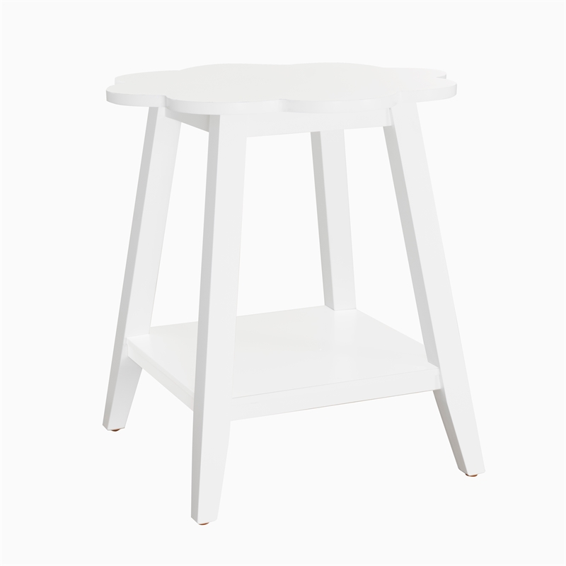 Natalia Flower Scalloped Edge Side Table with Lower Shelf in White Wood