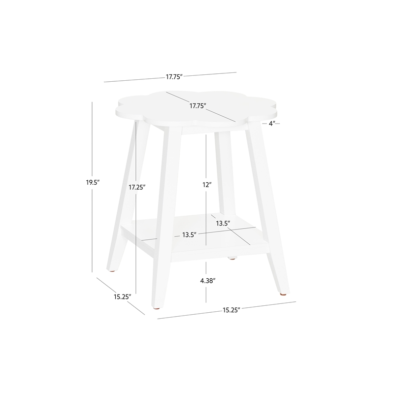 Natalia Flower Scalloped Edge Side Table with Lower Shelf in White Wood