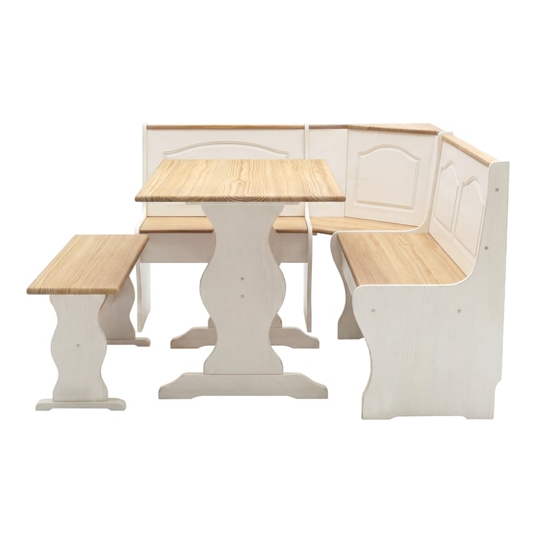 Linon Chelsea Corner Wood Three Piece Dining Nook Set in White and Natural