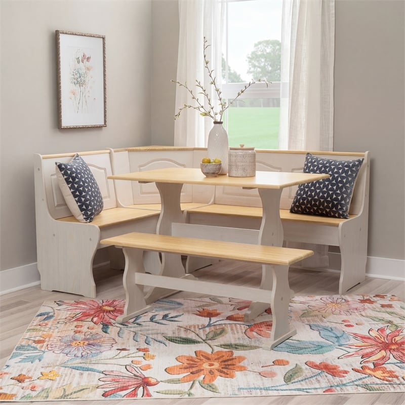 Linon Chelsea Corner Wood Three Piece Dining Nook Set in White and Natural