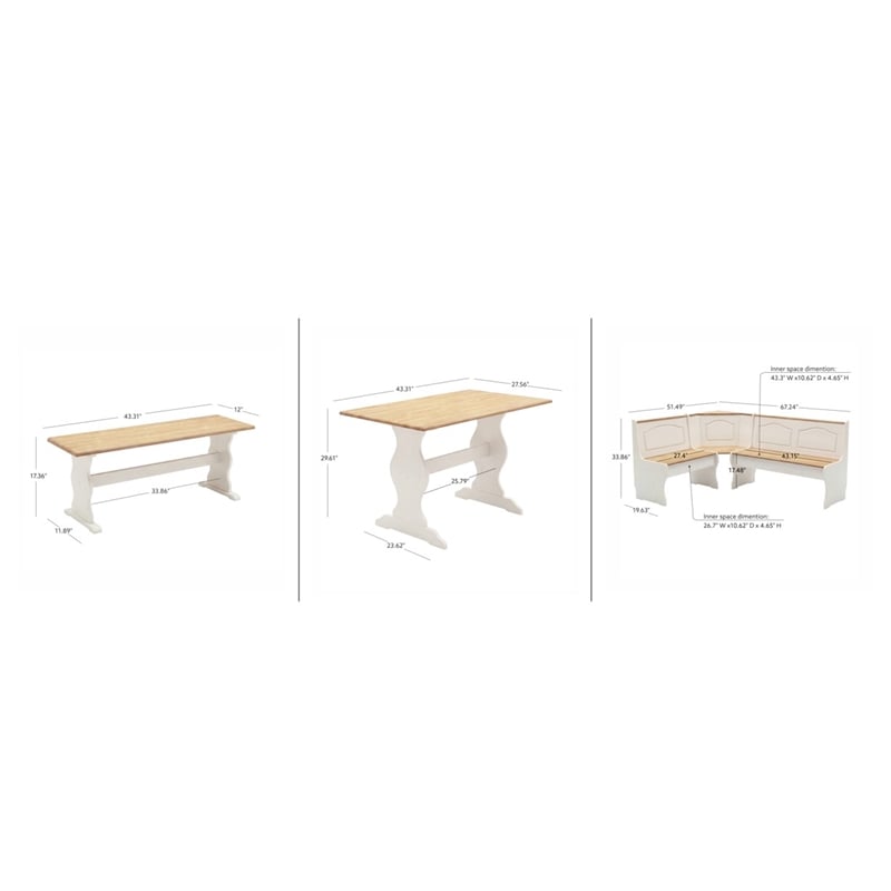 Linon Chelsea Corner Wood Three Piece Dining Nook Set in White and Natural