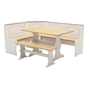 Linon Chelsea Corner Wood Three Piece Dining Nook Set in White and Natural