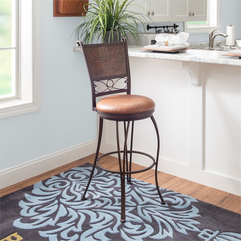 Linon Copper Stamped Back Swivel Faux Leather Bar Stool in