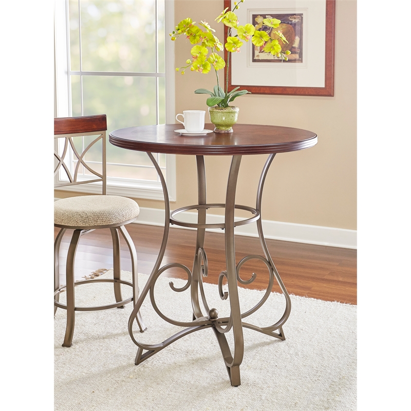 Linon Hamilton Wood and Steel Pub Table in Pewter and Faux Cherry