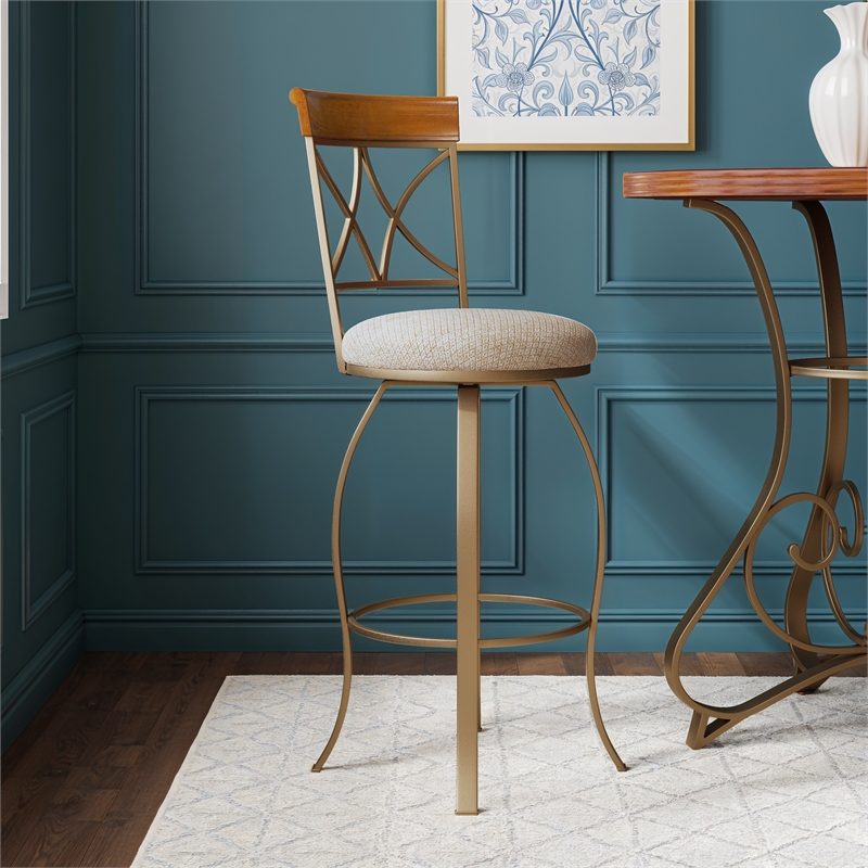 Linon Hamilton Metal Swivel Bar Stool Padded Beige Seat in Matte Pewter