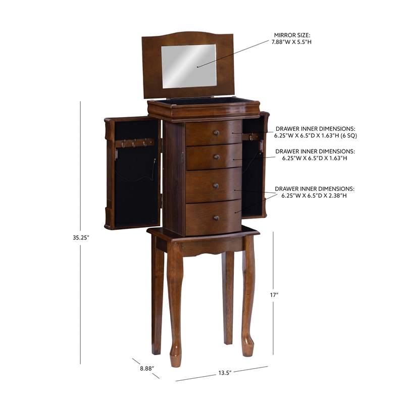 Linon Louis Philippe Jewelry Armoire 4 Drawers in Walnut Finished Wood