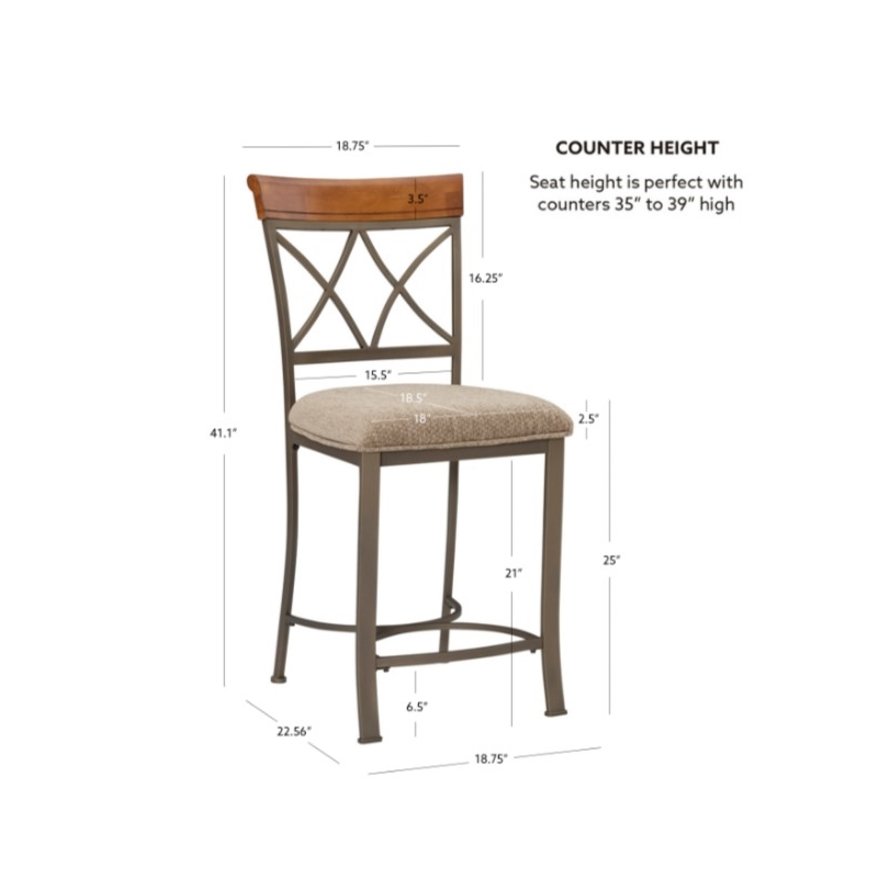 Linon Hamilton Metal Counter Stool Padded Beige Seat Wood Trim in Matte Pewter