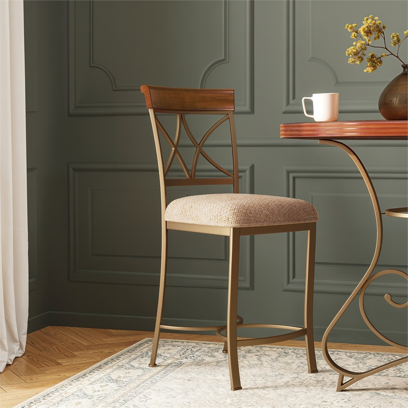 Linon Hamilton Metal Counter Stool Padded Beige Seat Wood Trim in Matte Pewter