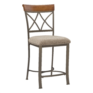 Linon Hamilton Metal Counter Stool Padded Beige Seat Wood Trim in Matte Pewter