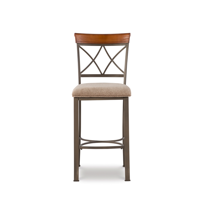 Linon Hamilton Metal Bar Stool Padded Beige Seat Wood Trim in Matte Pewter