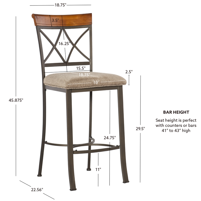 Linon Hamilton Metal Bar Stool Padded Beige Seat Wood Trim in Matte Pewter