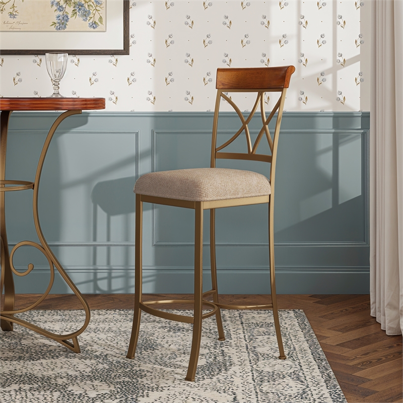Linon Hamilton Metal Bar Stool Padded Beige Seat Wood Trim in Matte Pewter
