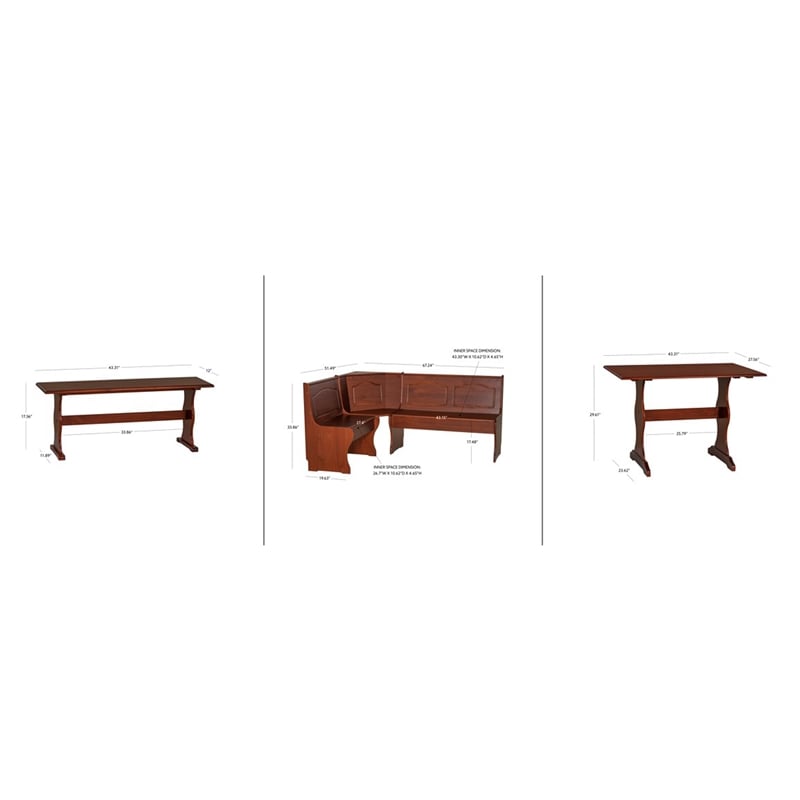 Linon Chelsea 3 Pce Corner Nook Set with Storage in Solid Walnut Wood