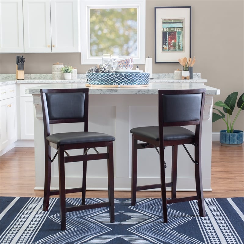 Linon Triena Folding Counter Stool Faux Leather Padded Back/Seat in Merlot Wood