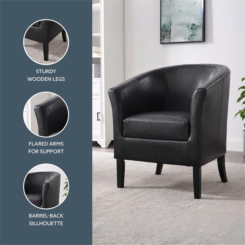 Linon Simon Upholstered Club Chair High Arms Deep Seat in Black Faux Leather