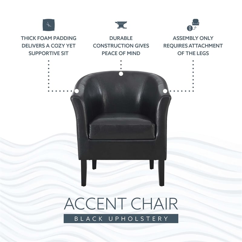 Linon Simon Upholstered Club Chair High Arms Deep Seat in Black Faux Leather