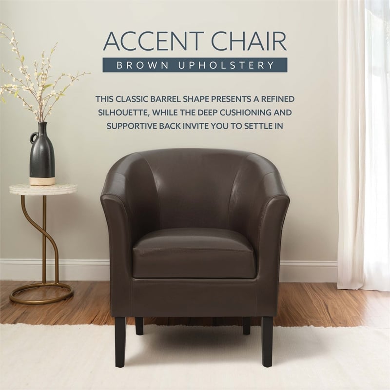 Linon Simon Upholstered Club Chair High Arms Deep Seat in Brown Faux Leather