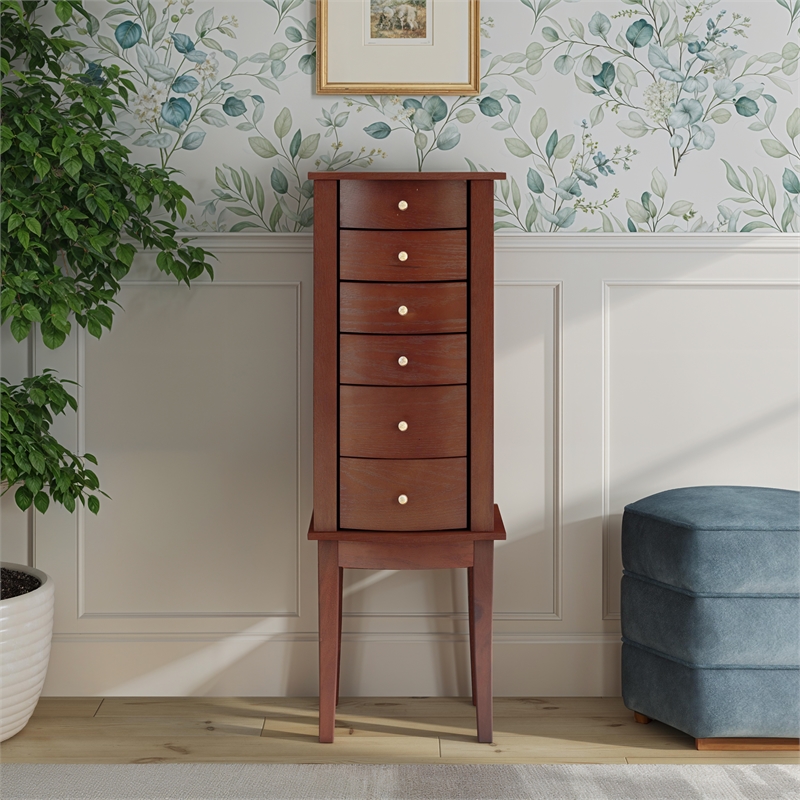Linon Linnett Jewelry Armoire 5 Drawers Flip Top Mirror in Merlot Finished Wood