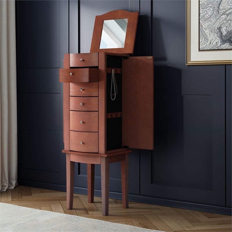 Linon Linnett Jewelry Armoire 5 Drawers Flip Top Mirror in Merlot Finished Wood