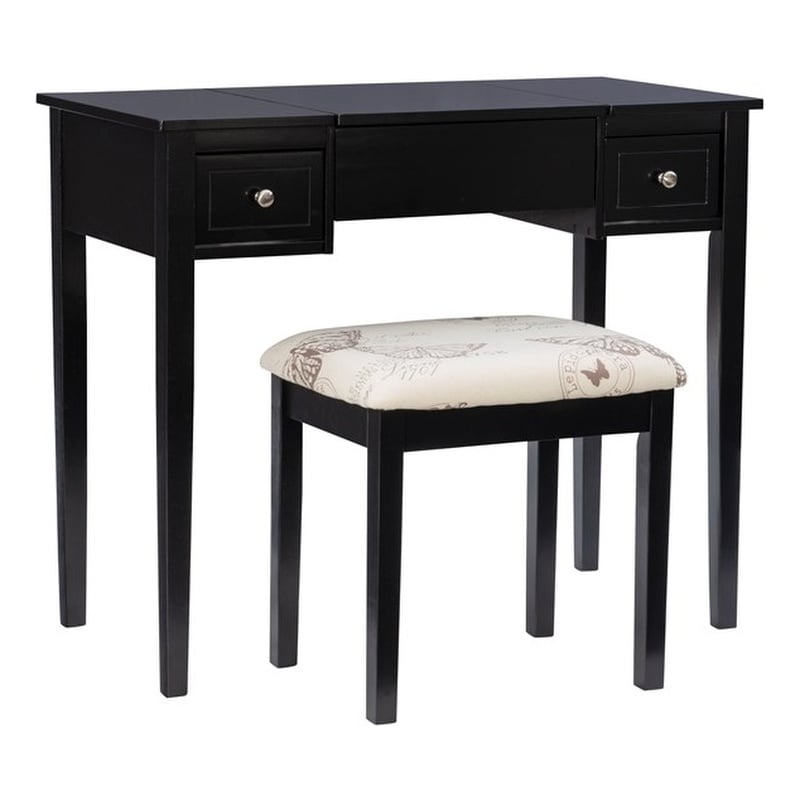 Linon Butterfly Vanity and Padded Stool Flip Up Mirror 2 Drawers in Black Wood