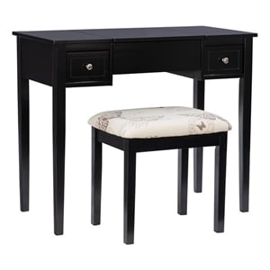 Linon Butterfly Vanity and Padded Stool Flip Up Mirror 2 Drawers in Black Wood