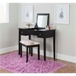 Linon Butterfly Vanity and Padded Stool Flip Up Mirror 2 Drawers in Black Wood
