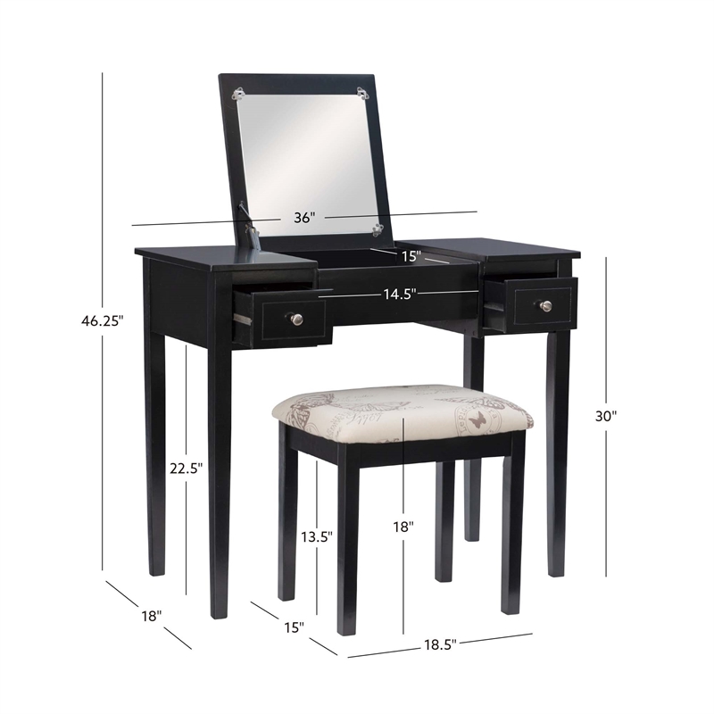 Linon Butterfly Vanity and Padded Stool Flip Up Mirror 2 Drawers in Black Wood