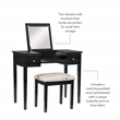 Linon Butterfly Vanity and Padded Stool Flip Up Mirror 2 Drawers in Black Wood