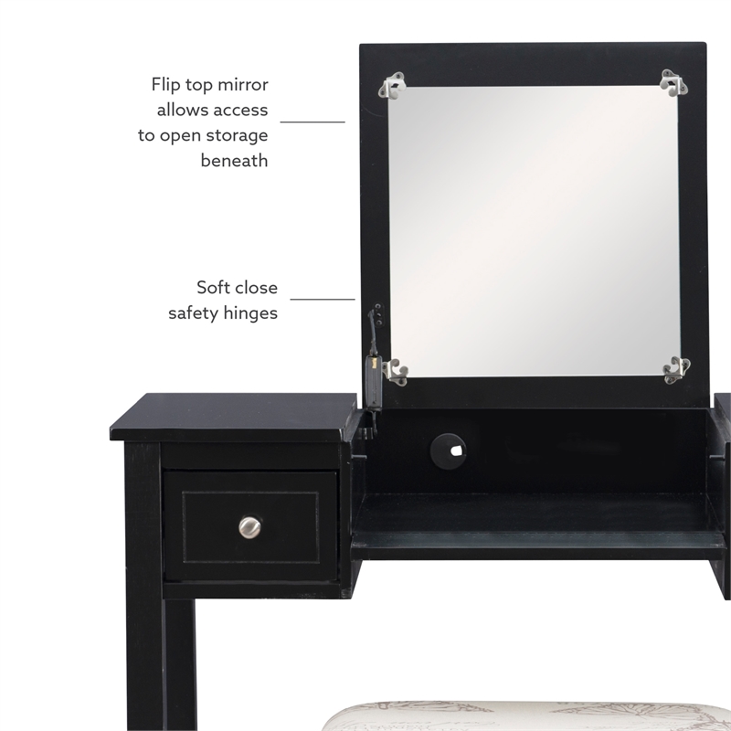 Linon Butterfly Vanity and Padded Stool Flip Up Mirror 2 Drawers in Black Wood