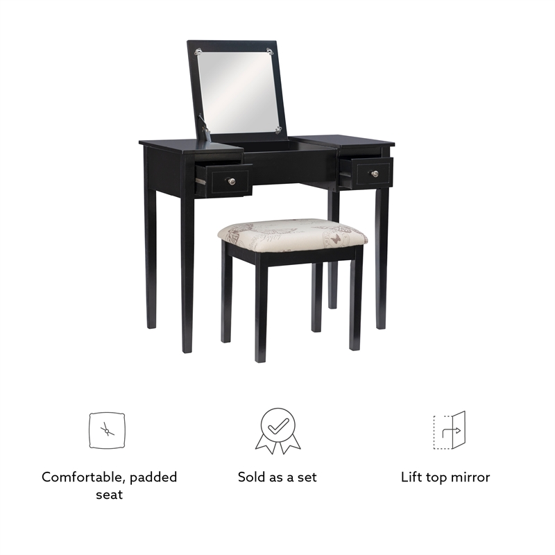 Linon Butterfly Vanity and Padded Stool Flip Up Mirror 2 Drawers in Black Wood