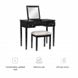 Linon Butterfly Vanity and Padded Stool Flip Up Mirror 2 Drawers in Black Wood