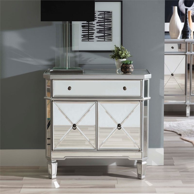 Linon Mason Mirrored Wood One Drawer Two Door Console Table in Gray