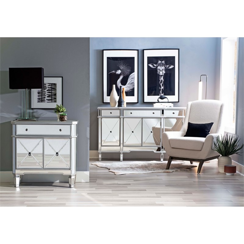 Linon Mason Mirrored Wood One Drawer Two Door Console Table in Gray
