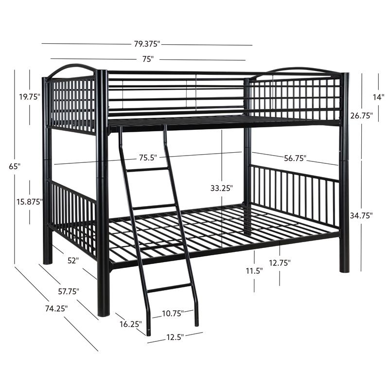 Linon Heavy Metal Full Over Full Bunk Bed Attached Ladder in Black