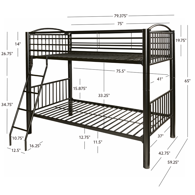Linon Heavy Metal Twin Over Twin Bunk Bed Attached Ladder in Black