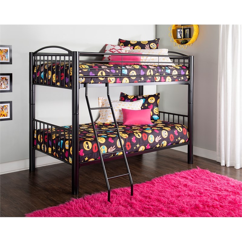 Linon Heavy Metal Twin Over Twin Bunk Bed Attached Ladder in Black