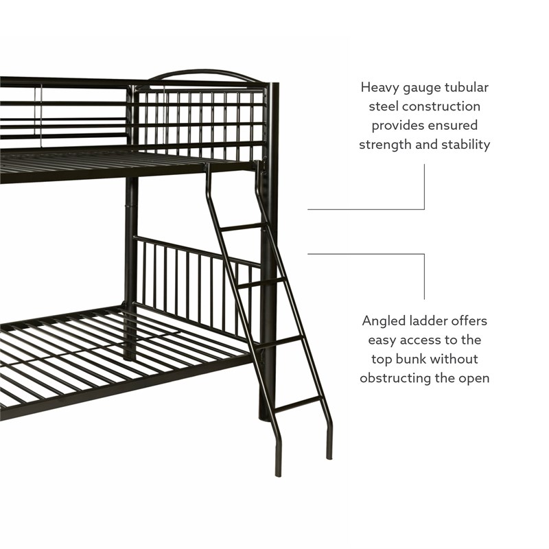 Linon Heavy Metal Twin Over Twin Bunk Bed Attached Ladder in Black