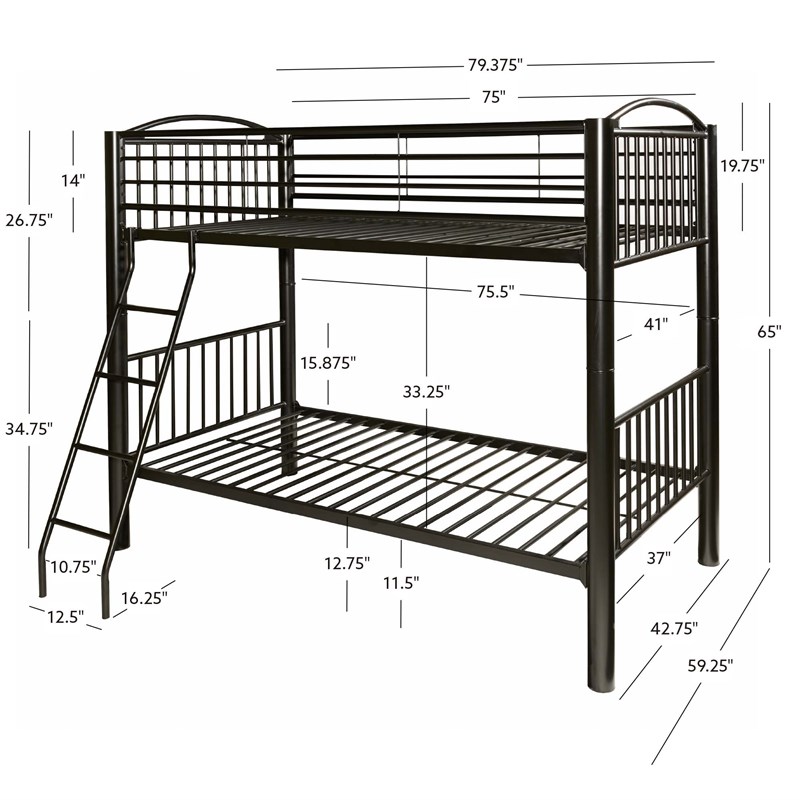 Linon Heavy Metal Twin Over Twin Bunk Bed Attached Ladder in Black