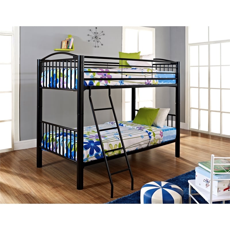Linon Heavy Metal Twin Over Twin Bunk Bed Attached Ladder in Black