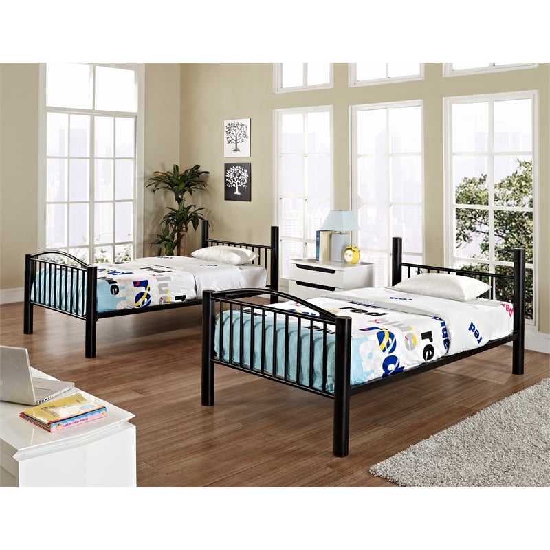 Linon Heavy Metal Twin Over Twin Bunk Bed Attached Ladder in Black