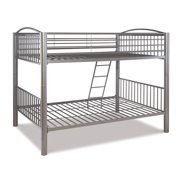 Linon Heavy Metal Full Over Full Bunk Bed Attached Ladder in Pewter Finish