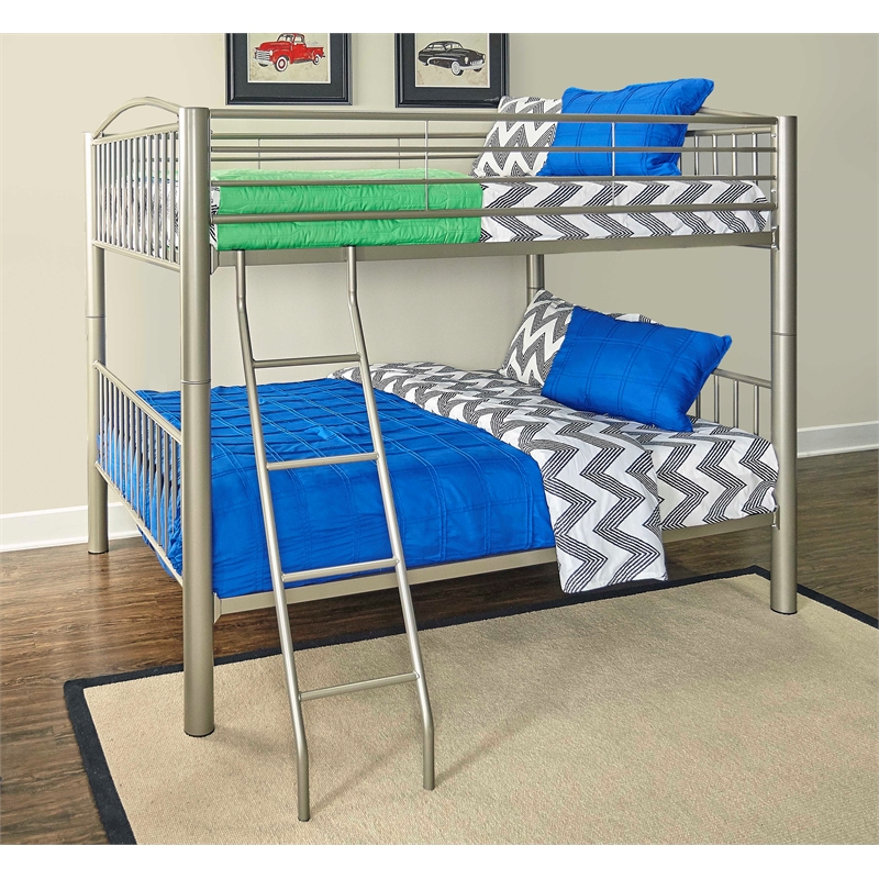 Linon Heavy Metal Full Over Full Bunk Bed Attached Ladder in Pewter