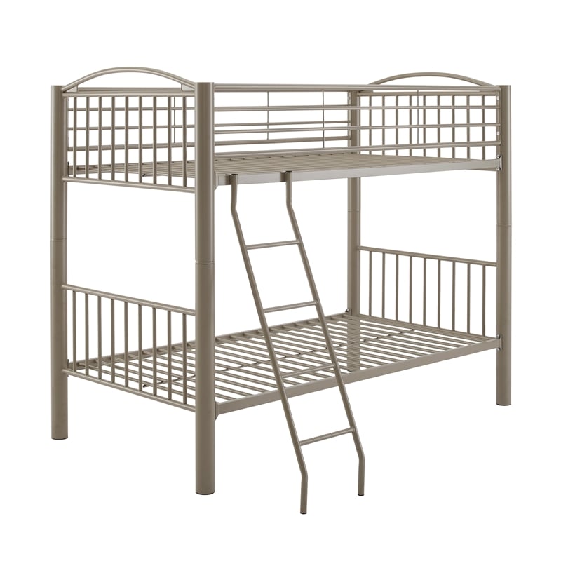 Linon Heavy Metal Twin Over Twin Bunk Bed Attached Ladder in Pewter Finish