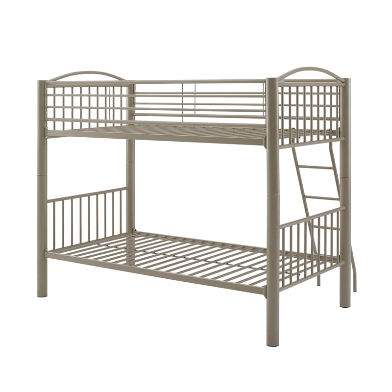 Linon Heavy Metal Twin Over Twin Bunk Bed Attached Ladder in Pewter Finish