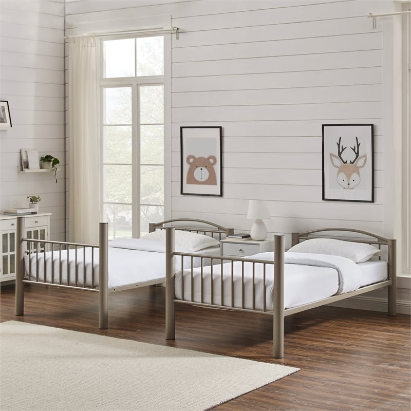 Linon Heavy Metal Twin Over Twin Bunk Bed Attached Ladder in Pewter Finish