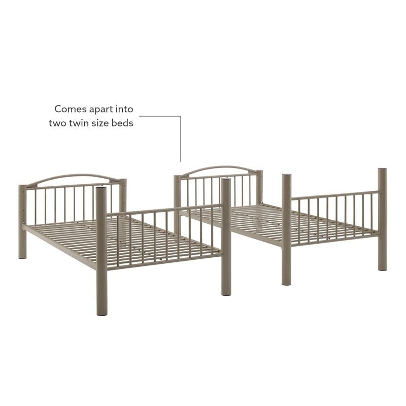 Linon Heavy Metal Twin Over Twin Bunk Bed Attached Ladder in Pewter Finish