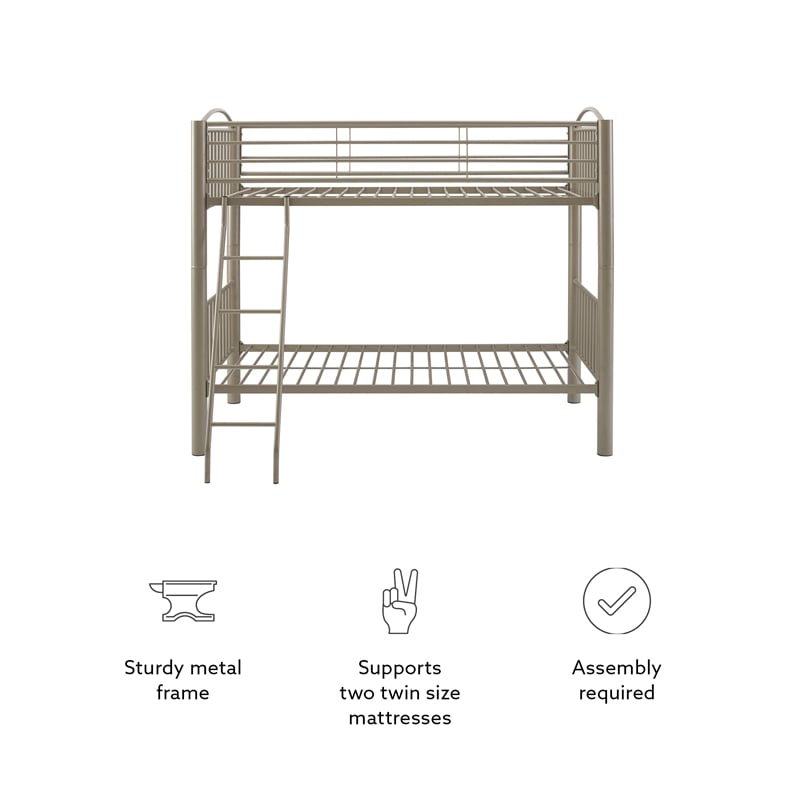 Linon Heavy Metal Twin Over Twin Bunk Bed Attached Ladder in Pewter Finish